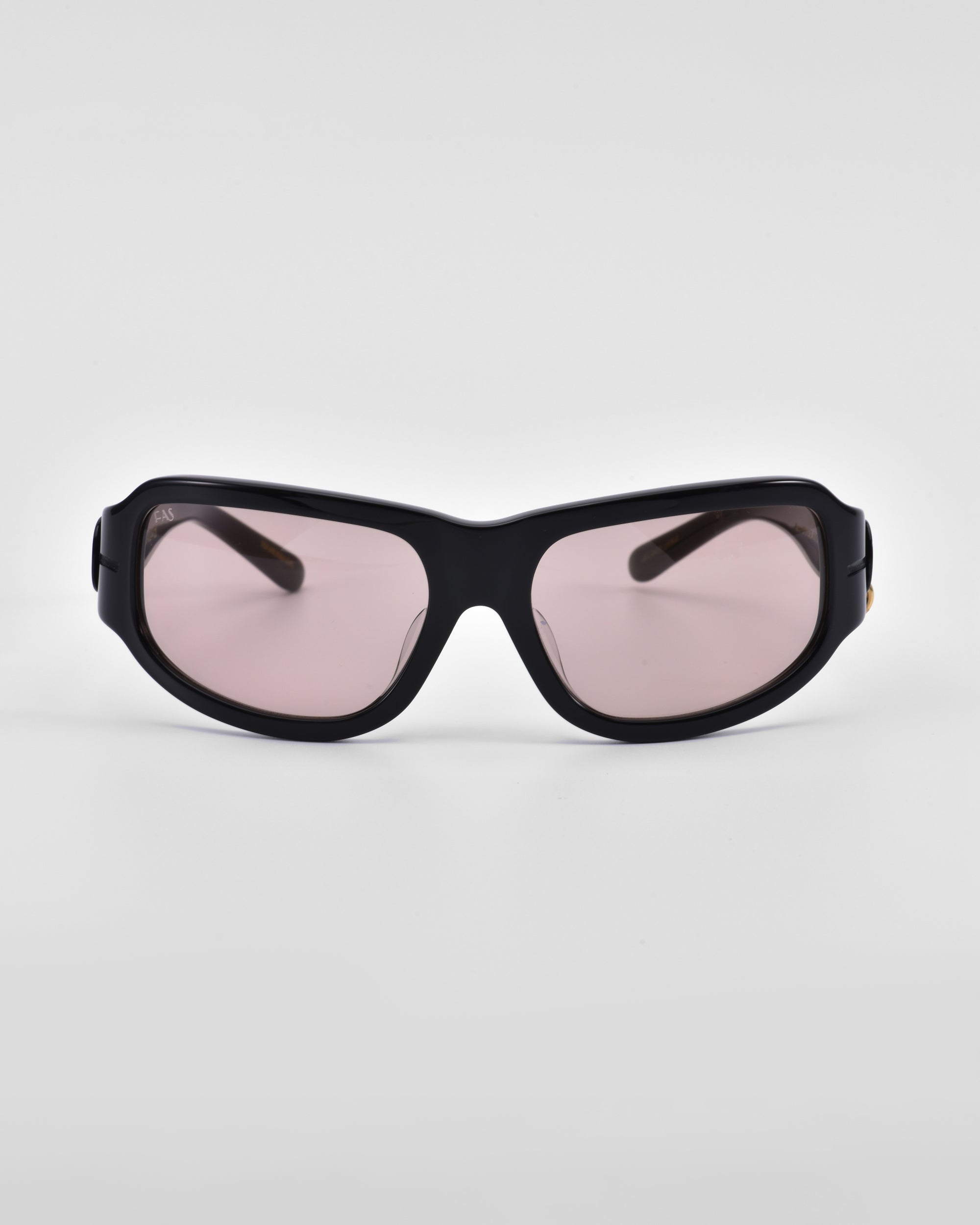 A pair of black-framed For Art&#39;s Sake® Raven sunglasses with tinted lenses is shown against a plain white background. The design features a sleek, angular shape with slightly rounded edges, and the lenses appear to have a subtle pinkish tint.