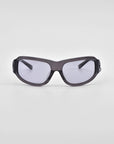 A pair of Raven sunglasses from For Art's Sake® in black, featuring slightly tinted lenses, is displayed against a plain white background. The Y2K wrap sunglasses boast a design with a curved frame and thick temples.