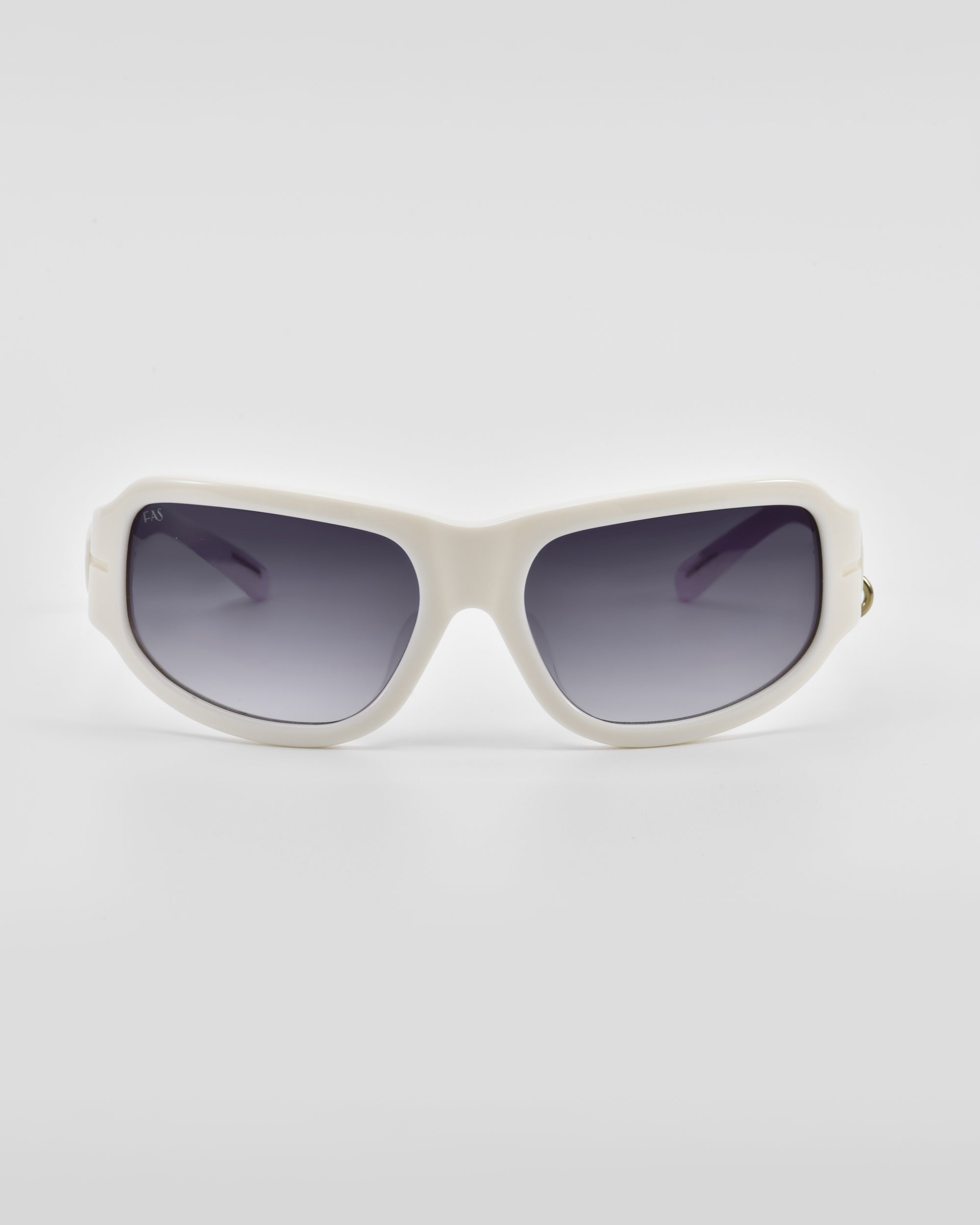 A pair of white-framed For Art&#39;s Sake® Raven sunglasses with dark, gradient lenses is displayed against a plain, light gray background. The sunglasses have a sleek, modern design with a slightly curved temple.