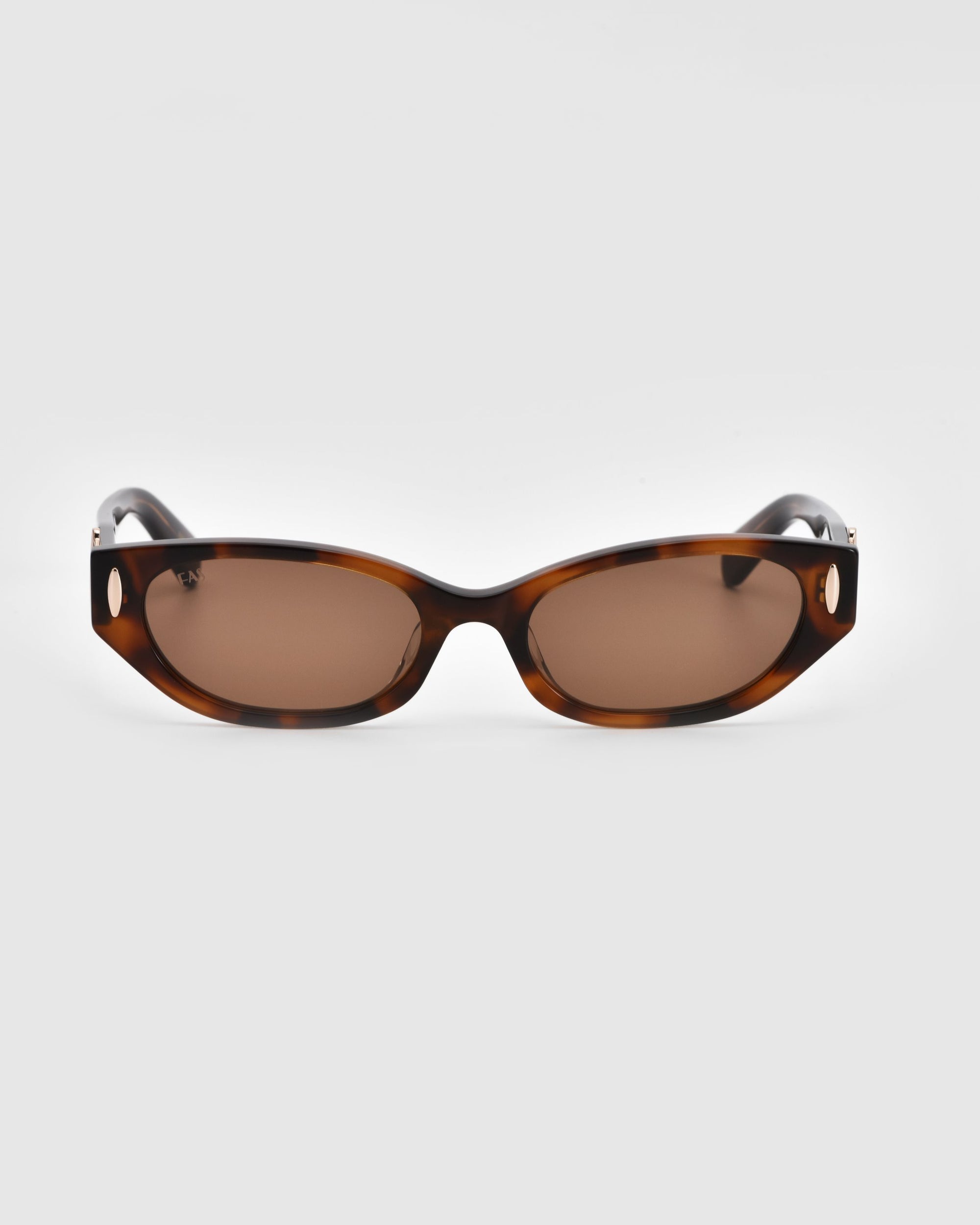 A pair of Skinny Latte sunglasses from For Art&#39;s Sake® with a rectangular shape, tortoiseshell frame, and dark brown lenses. Featuring a minimalist design with oval cut-out details near the hinges, these sunglasses are displayed against a plain white background.