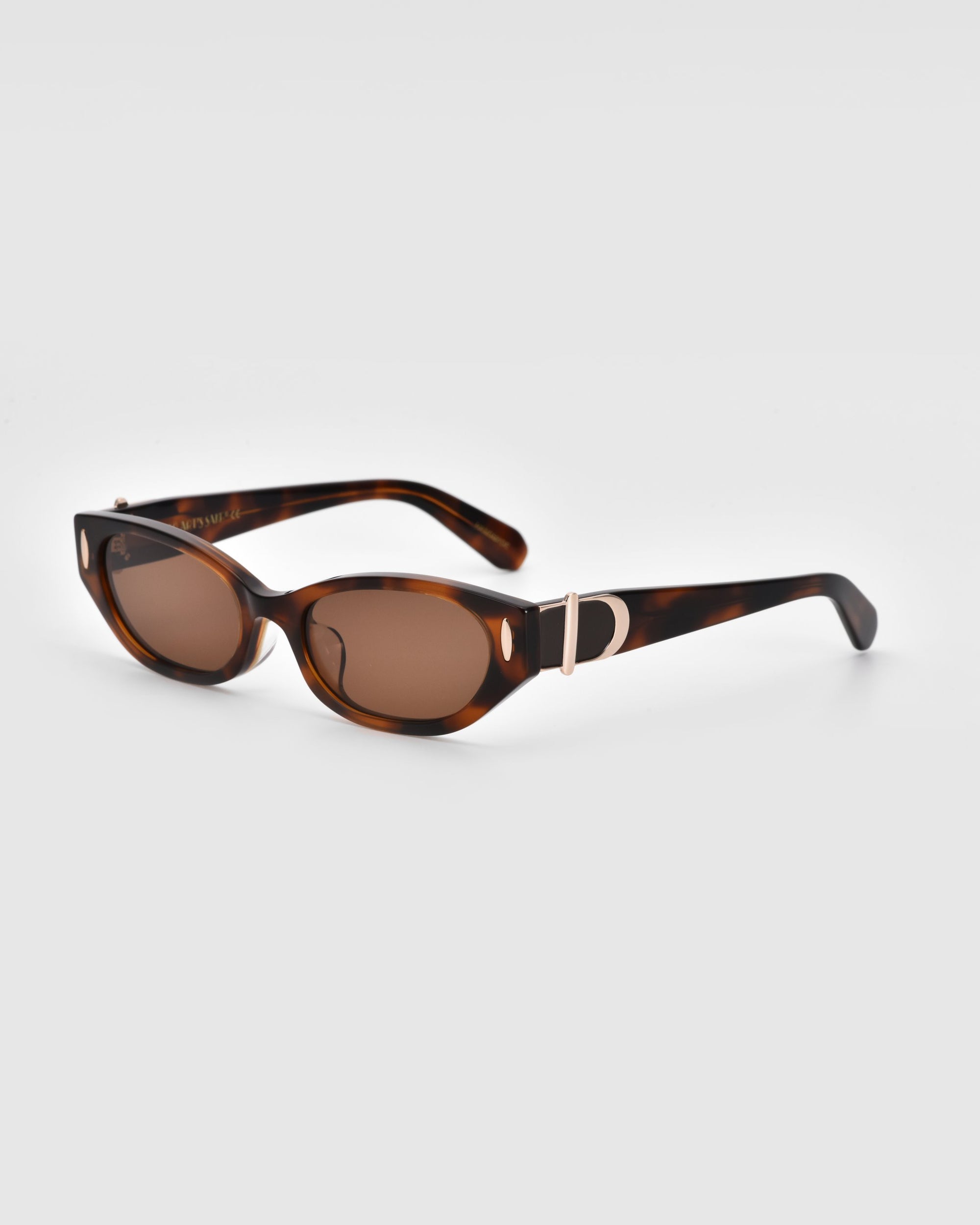 A pair of For Art&#39;s Sake® Skinny Latte sunglasses with tortoiseshell frames, featuring oval-shaped brown lenses and thick arms. The arms, made from biodegradable acetate, are adorned with a gold metallic &#39;D&#39; shaped accent near the hinges. The background is plain and light-colored.