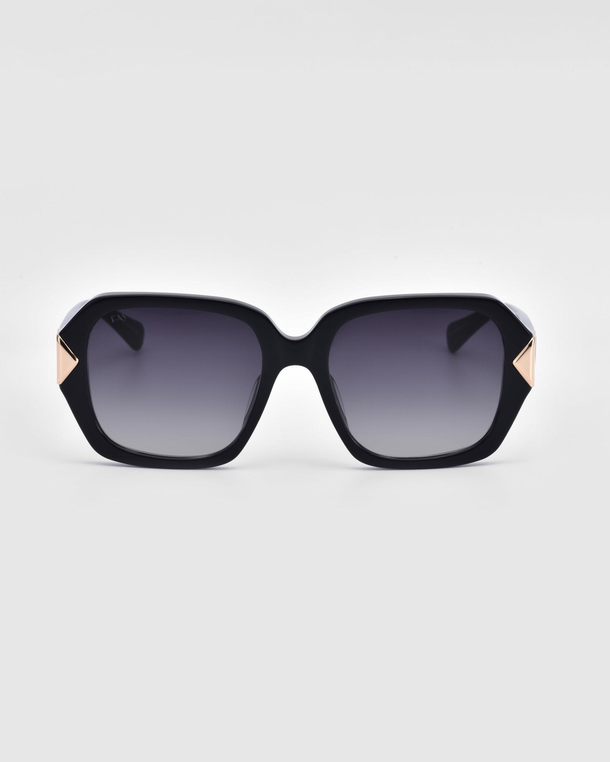 The Frankie sunglasses from For Art&#39;s Sake® capture modern boldness with their large square lenses and subtle gold accents at the hinges. Their timeless design boasts lenses that gracefully transition from dark to light, top to bottom, all set against a plain white background.