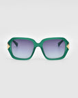 The Frankie sunglasses by For Art's Sake® feature stylish, chunky acetate frames in a green rectangular design with gradient dark lenses. Each temple is adorned with small, gold triangular accents. The background is plain white.