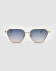 The For Art's Sake® Cece Sunglasses are characterized by their gold metal frames and blue gradient lenses. These lenses exhibit a subtly hexagonal geometric shape, complemented by thin, straight arms that terminate in clear plastic tips. Displayed against a plain white background, the Cece Sunglasses exude both style and sophistication.