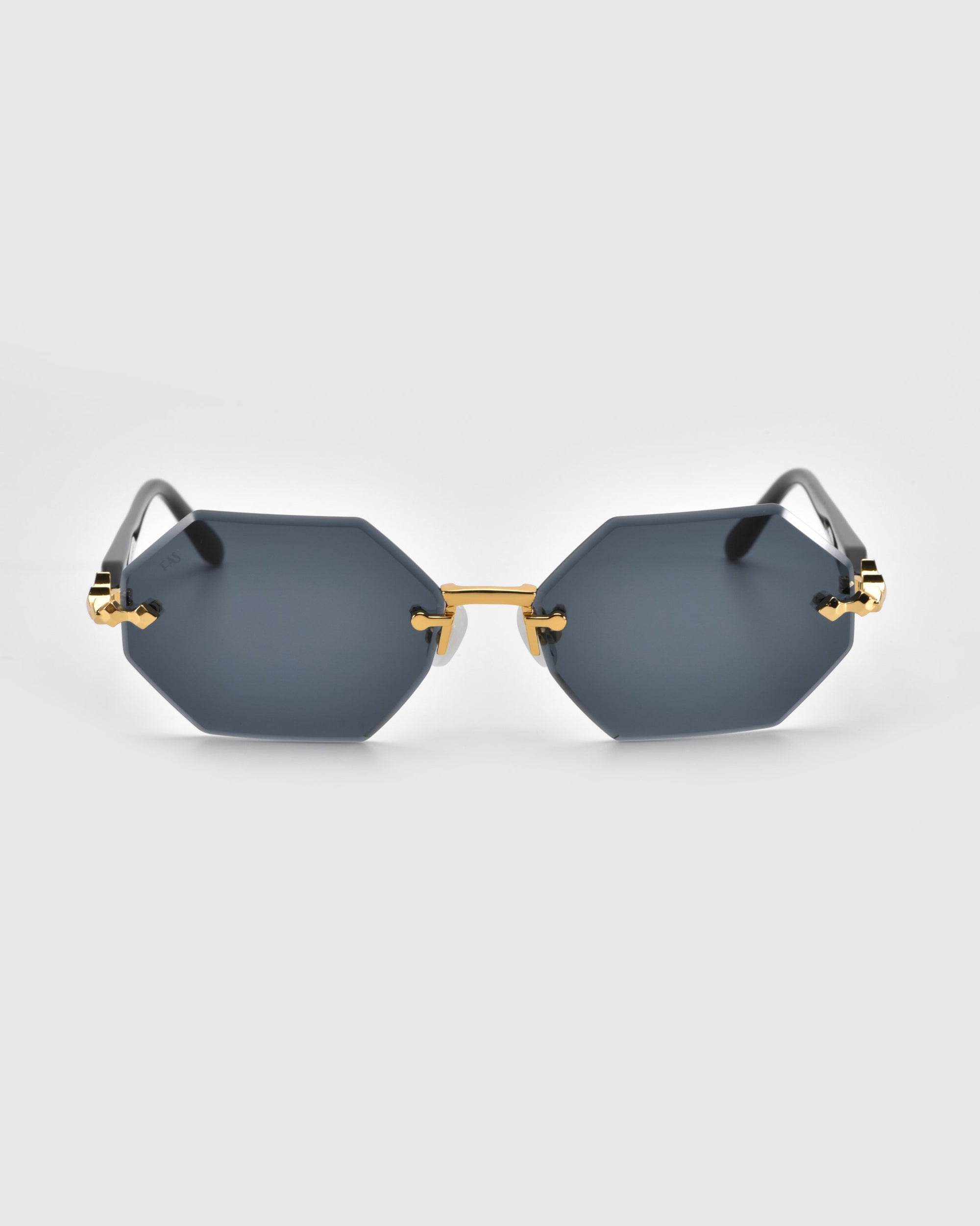 For Art's Sake® Haze sunglasses from the Rose Garden collection feature a hexagonal shape with gold frames and dark lenses on a plain grey background. The unique design offers a modern aesthetic complemented by delicate temple decorations.