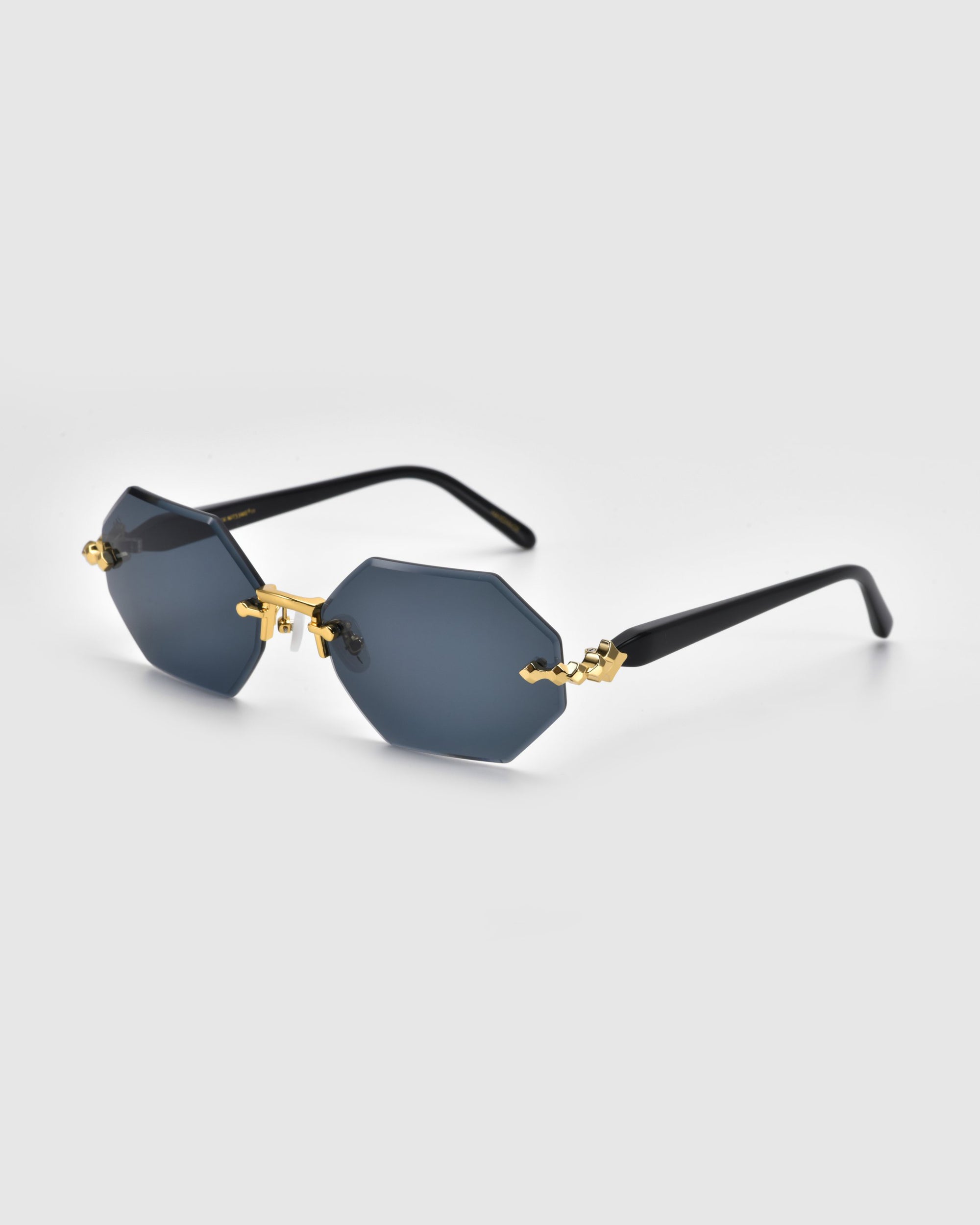 From the Rose Garden collection, For Art's Sake® presents the Haze: hexagonal black sunglasses with dark lenses, elegant gold accents, and a light gray background.