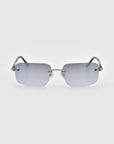 Edith sunglasses from For Art's Sake® feature rectangular rimless design, grey-tinted lenses, and thin metal arms against a plain white background. Part of the elegant Rose Garden collection.