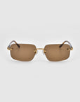 Part of For Art's Sake® Rose Garden collection, the Edith sunglasses feature brown-tinted rectangular lenses with gold-tone arms against a white backdrop.