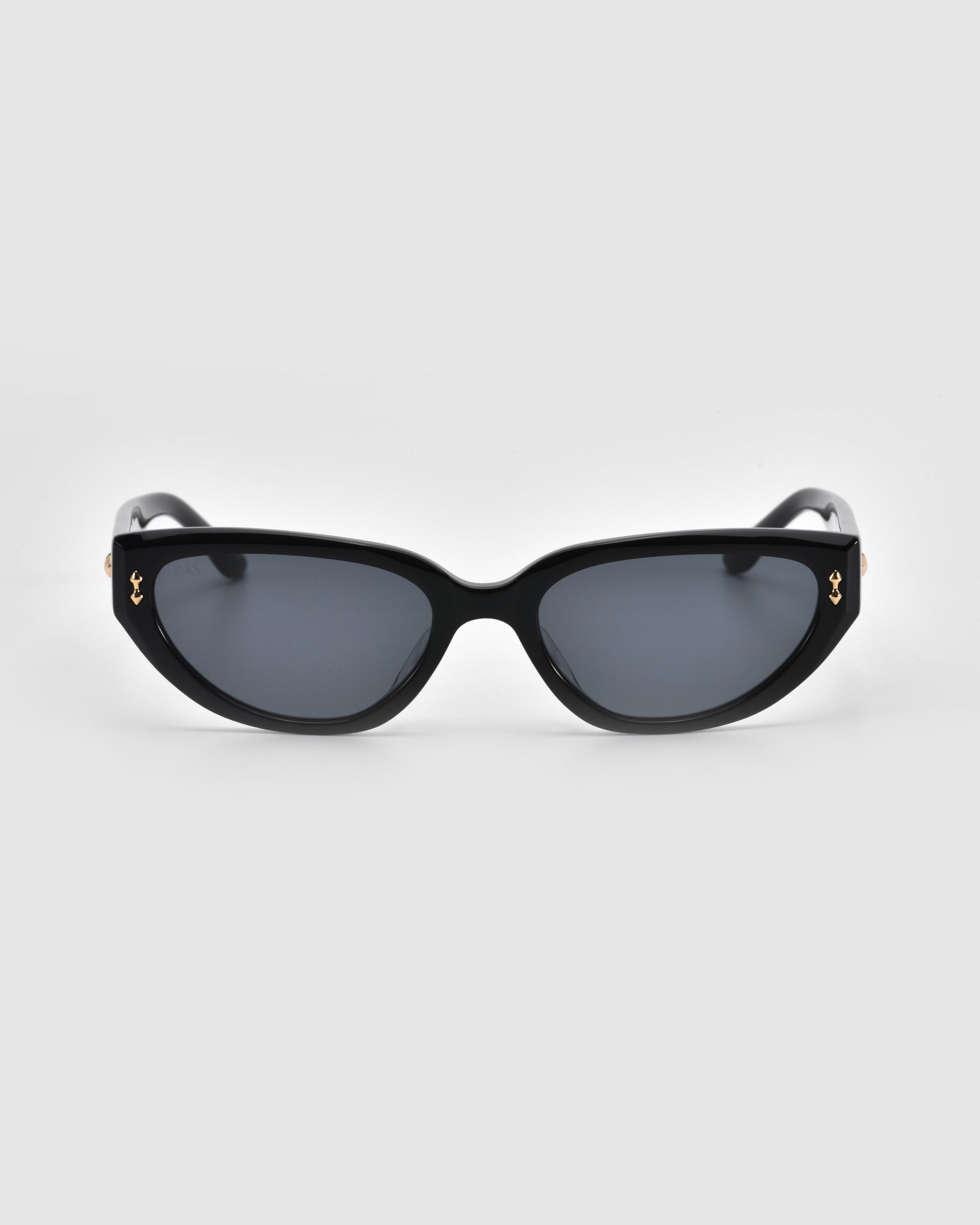 The Lush sunglasses by For Art's Sake® feature sleek black frames and premium dark lenses. Their arms showcase small gold anchor accents, exuding luxury against a light gray background.