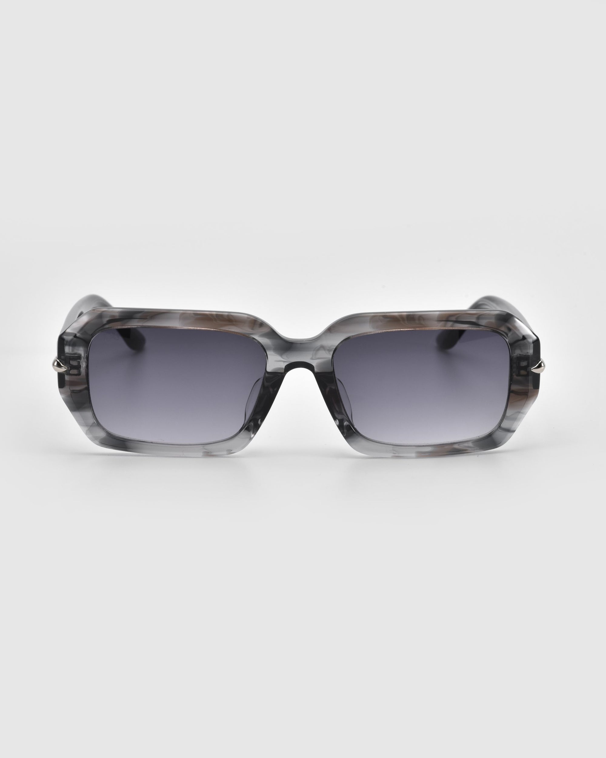 Fleur by For Art's Sake®: Rectangular sunglasses featuring a mottled gray acetate frame with dark lenses against a light gray background. The glossy finish adds style, perfect for basking in the Rose Garden sun.