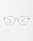 Clear, square-rimmed glasses with a silver metal frame and prescription lenses, inscribed with "For Art's Sake® London" on the left lens, placed against a plain white background.