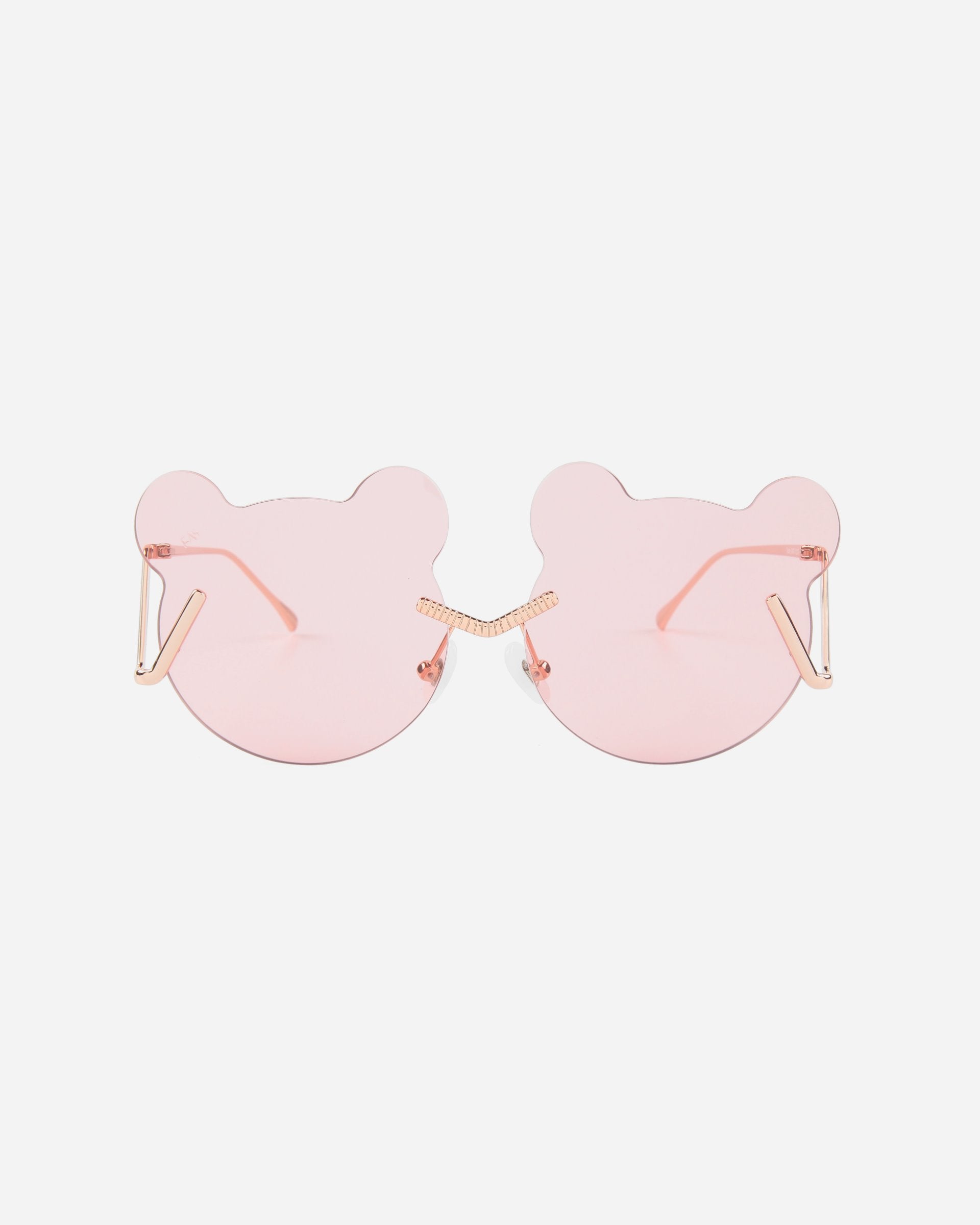 For Art&#39;s Sake® Teddy sunglasses with bear-shaped lenses, UV protection, and gold-colored arms made from stainless steel frames against a white background.
