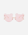 For Art's Sake® Teddy sunglasses with bear-shaped lenses, UV protection, and gold-colored arms made from stainless steel frames against a white background.