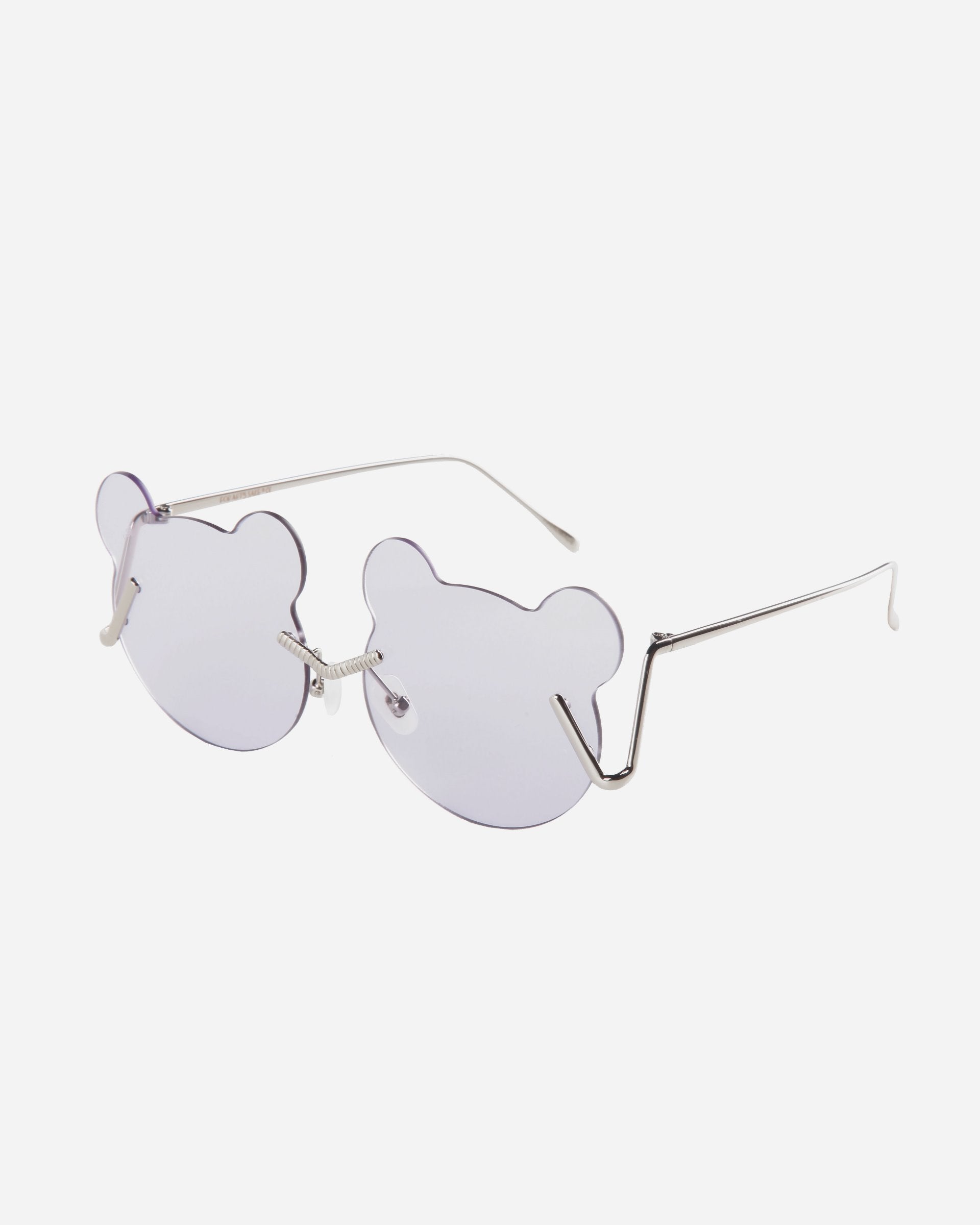 A pair of For Art&#39;s Sake® Teddy sunglasses with lenses shaped like bear heads. The lenses offer UV protection and are lightly tinted purple. The frames, made of thin, stainless steel metal, feature adjustable nosepads for comfort. The side arms of the glasses are straight with a slight curve at the ends. The background is plain white.