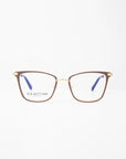 A pair of brown, square-framed eyeglasses with 18-karat gold-plated blue-tipped temples is displayed against a plain white background. The words "Windsor" and "For Art's Sake®" are visible on one lens.