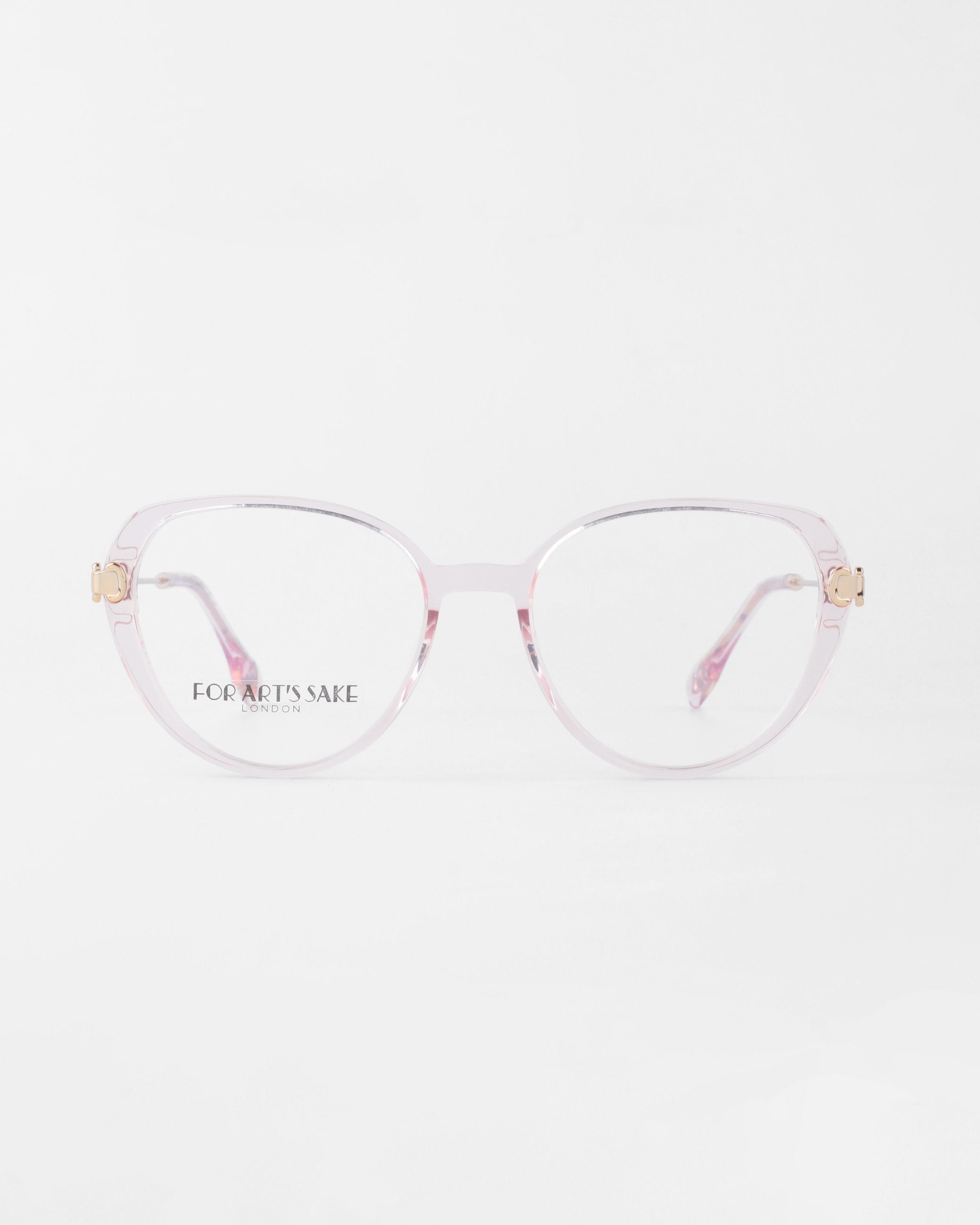 A pair of transparent glasses with light pink rims and thin pink arms. The brand name "For Art's Sake®" is visible on the left lens in black letters, with "LONDON" written below it. Featuring prescription lenses, the Waterhouse glasses are displayed against a plain, white background.
