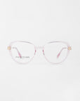 A pair of transparent glasses with light pink rims and thin pink arms. The brand name "For Art's Sake®" is visible on the left lens in black letters, with "LONDON" written below it. Featuring prescription lenses, the Waterhouse glasses are displayed against a plain, white background.