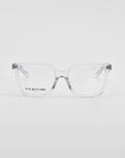 A pair of rectangular, clear-framed eyeglasses with thin arms and transparent lenses is placed against a plain white background. The brand name "For Art's Sake®" is visible on the left lens, showcasing a classic square silhouette perfect for prescription service.