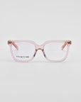 A pair of pink, square-framed eyeglasses with clear lenses and a classic square silhouette. The brand name "For Art's Sake®" is visible on the left lens. The background is plain white. Product Name: Nina