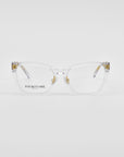 A pair of clear-framed Abbey eyeglasses with slightly oversized square lenses. The temples have a hint of gold-plated detail, and the brand For Art's Sake® is subtly printed on the inside of the right lens near the temple. The background is a plain white.