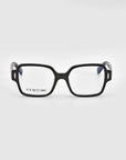 A pair of Hart rectangular black-rimmed eyeglasses from For Art's Sake®, featuring "FOR ART'S SAKE" on the left lens, displayed against a plain white background. The classic design of these versatile glasses is complemented by silver accents on the sides of the frames.