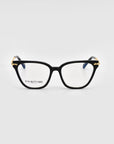 A pair of black-rimmed Lexie glasses with rectangular lenses, exuding modern sophistication. Designed by For Art's Sake®, the glasses feature gold accents on the corners and have "FOR ART'S SAKE LONDON" printed on the inner edge of the left lens, all set against a plain white background.