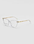 A pair of stylish eyeglasses with clear rectangular frames and gold-colored temples. The temples feature a subtle bamboo pattern. The brand's name "For Art's Sake®" is visible on one lens, elegantly showcasing the Lexie craftsmanship. The glasses are set against a plain white background.