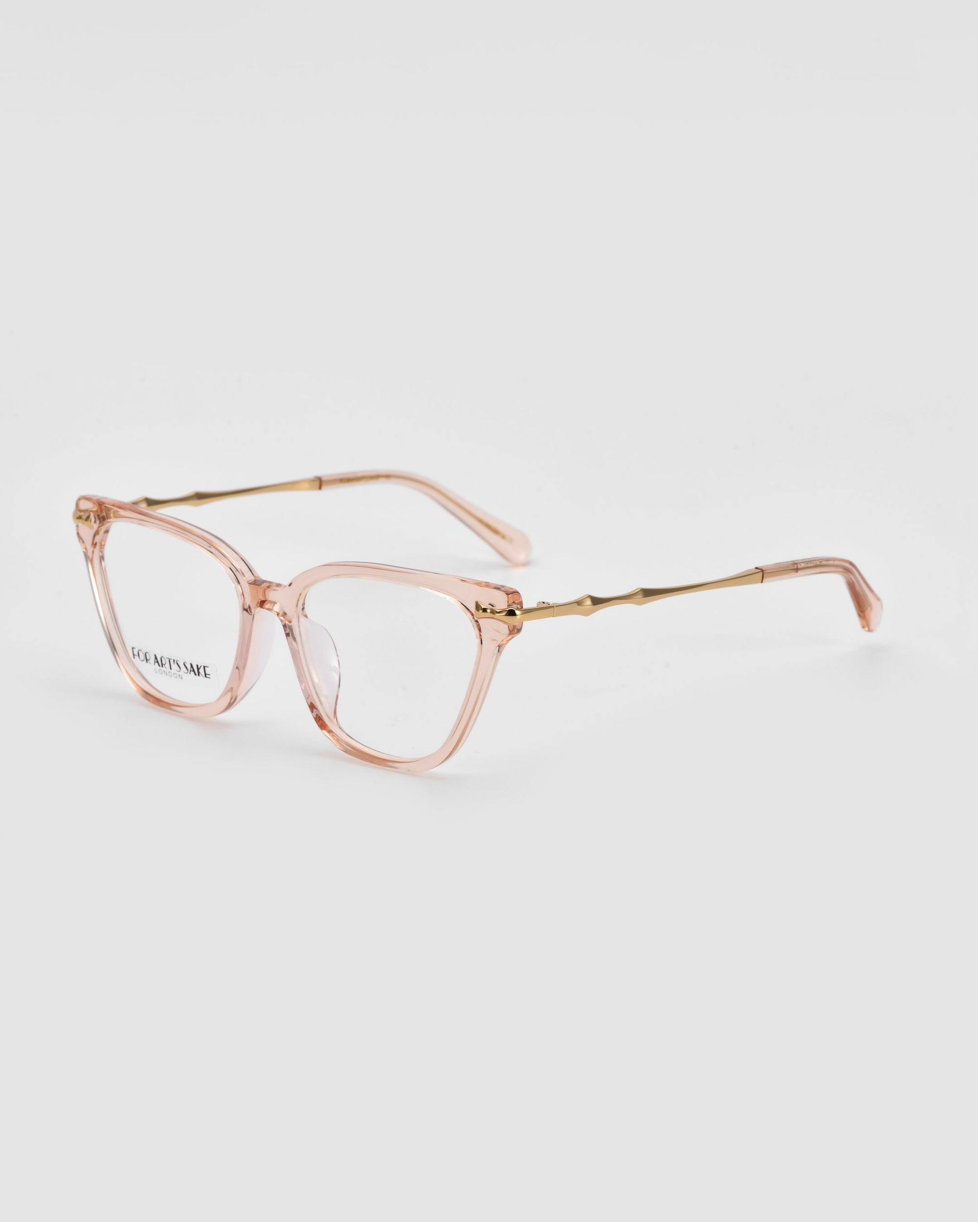 The For Art's Sake® Lexie eyeglasses boast light pink, rectangular plastic frames, complemented by slender metal temples with a bamboo-inspired design. Featuring clear lenses, these glasses exude modern sophistication against a plain white background.