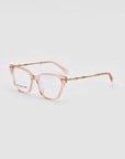 The For Art's Sake® Lexie eyeglasses boast light pink, rectangular plastic frames, complemented by slender metal temples with a bamboo-inspired design. Featuring clear lenses, these glasses exude modern sophistication against a plain white background.