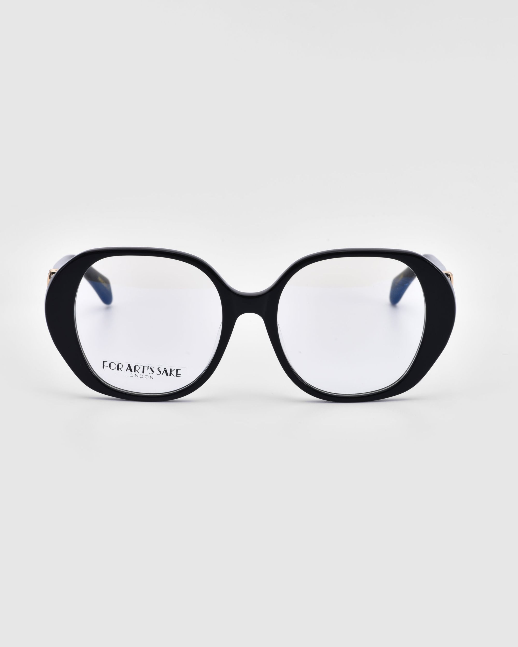 A pair of bold and stylish, oversized, square-shaped black Bow eyeglasses with slightly rounded edges from For Art's Sake®. The temples and hinges are subtle and elegantly designed. The words "FOR ART'S SAKE" are visible on the inside of the left lens. The background is plain and light-colored.