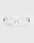 The Bow glasses from For Art's Sake® feature a transparent frame and oversized, rounded lenses, displayed against a plain white background. The left lens displays the words "FOR ART'S SAKE," while the arms showcase a minimalistic design.