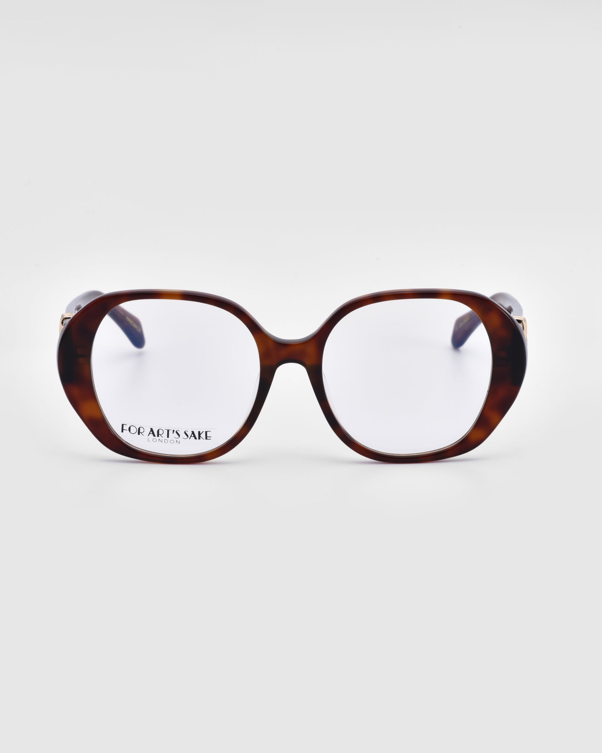 A pair of bold and stylish glasses, the Bow by For Art's Sake®, featuring oversized, rounded rectangular lenses encased in a brown tortoiseshell frame on a plain white background. The brand "For Art's Sake" is visible on the left lens.