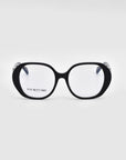 A pair of bold and stylish black eyeglasses named "Bow" by For Art's Sake®, featuring oversized rectangular lenses with rounded edges against a white background. Crafted from biodegradable acetate, the inside of the left lens displays the brand name "For Art's Sake®" in small text.