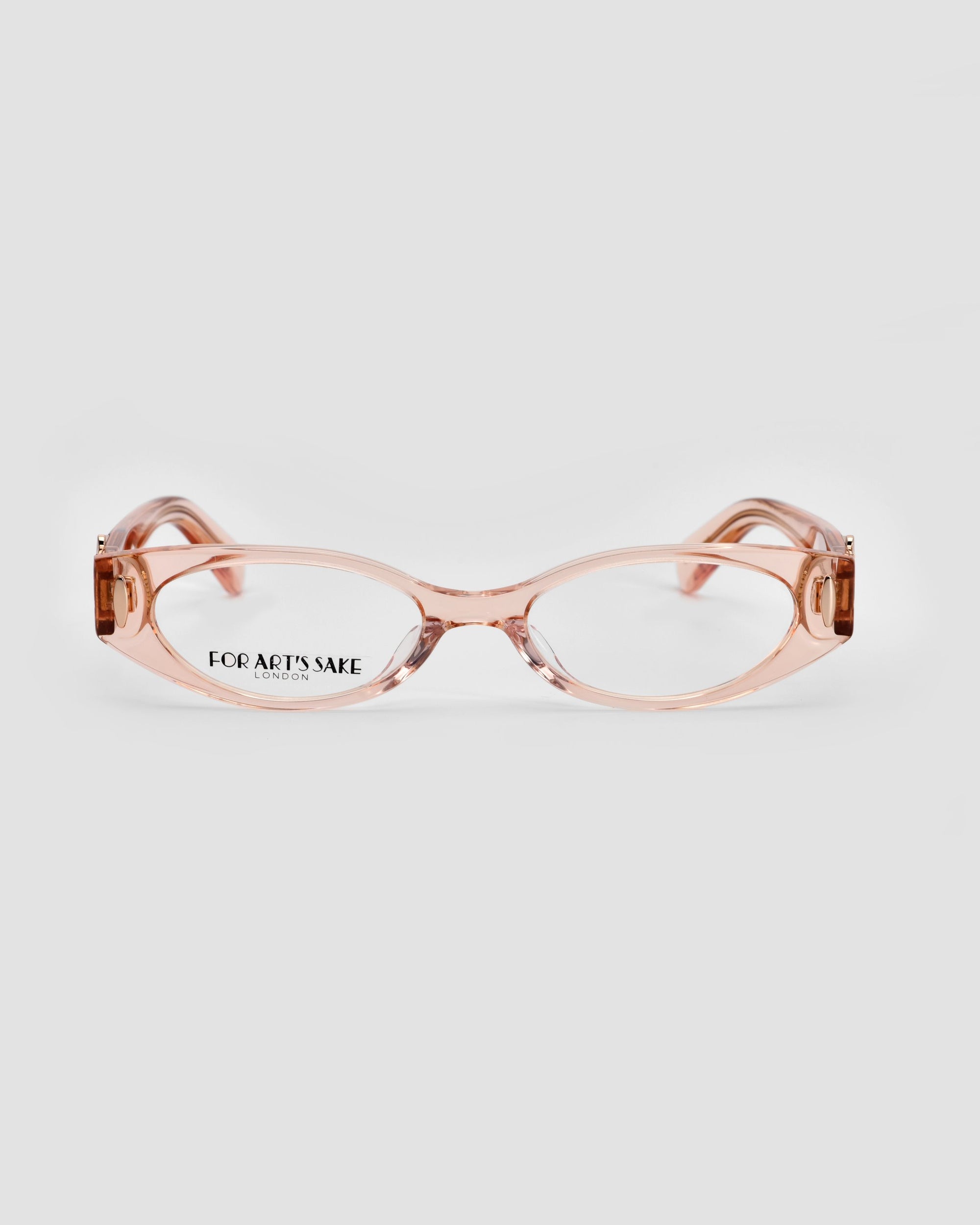 A pair of stylish eyeglasses called &quot;Cigar&quot; featuring transparent pink frames that exude vintage charm. The polished acetate temples enhance their elegance, while the brand name &quot;For Art&#39;s Sake®&quot; is visible on one of the lenses. The background is plain white.