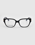 Eros black rectangular eyeglasses from For Art's Sake® feature a glossy finish with subtle gold accents on the temples, against a white background, merging with elegant rose petal hints.