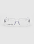 The "Petal" clear rectangular glasses by For Art's Sake® feature chunky acetate frames with silver temple accents and the brand name on the inside of one lens, displayed against a plain white background.