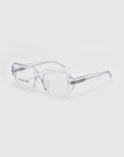 The Petal eyeglasses from For Art's Sake® are showcased on a white background, featuring a clear rectangular design with a chunky acetate frame. This transparent style offers simple, modern elegance, ideal for subtly enhancing your look.