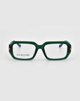 The "Petal" by For Art's Sake® is a pair of rectangular glasses with chunky acetate frames featuring vivid green fronts and dark temples. The brand name is elegantly scripted on the left clear lens, blending style and subtlety in everyday eyewear against a white background.