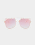 The "Big Game" by For Art's Sake® is a pair of trendy sunglasses with a square frame, featuring gradient pink lenses that fade to a lighter shade towards the bottom. The thin, metallic light pink frame showcases an aviator-style double bridge design and offers UV protection for optimal eye safety.