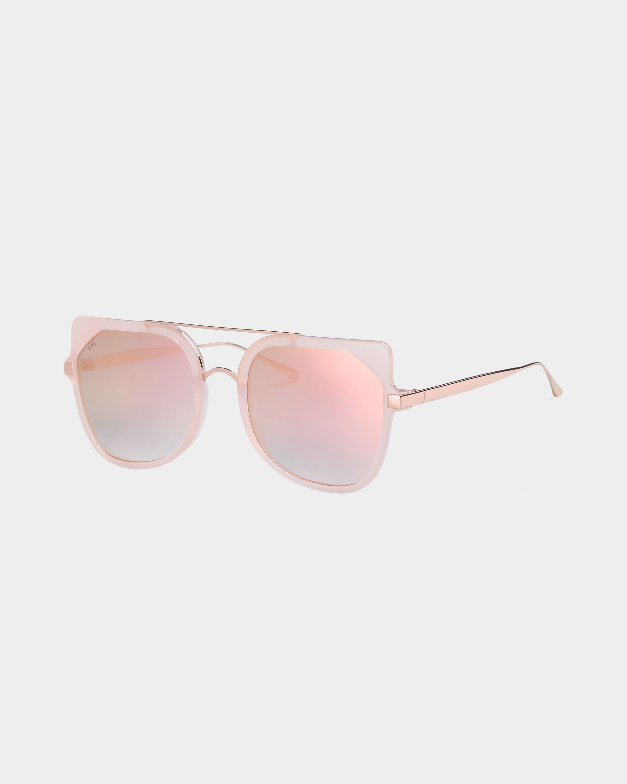 Introducing the Big Game sunglasses by For Art&#39;s Sake®: a chic accessory featuring rose-gold tinted nylon lenses and thin, metallic rose-gold frames with a stylish double-bridge design on a white background. Enjoy 100% UV protection and the durability of stainless steel frames in this fashionable piece.