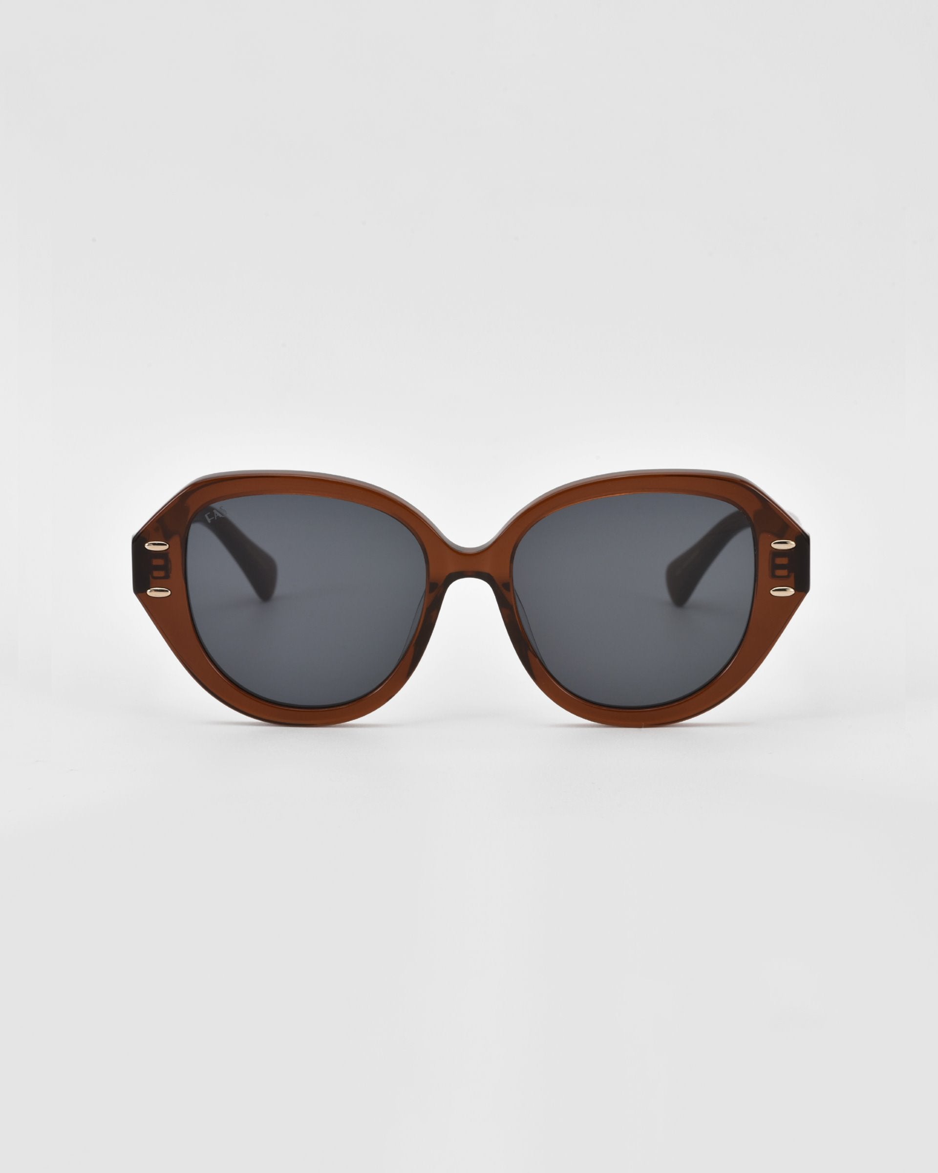 A pair of oversized, round, brown-framed Mirage sunglasses by For Art&#39;s Sake® with dark-tinted lenses. The frame, made from plant-based acetate, features a glossy finish. The Mirage sunglasses are set against a plain white background.