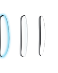 Rendering of oval shapes, reminiscent of the lightweight Standard Thickness lenses by LensAdvizor with Zeiss UV Block technology. These ovals display a range of gradients, similar to water droplets or glass lenses. They are aligned horizontally on a black background, transitioning in shade from blue to white to black across four stages.